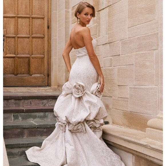 AZAZIE Atelier Donatella Champagne Brocade Black Tie Wedding Dress Gown Size 14 - Picture 5 of 7